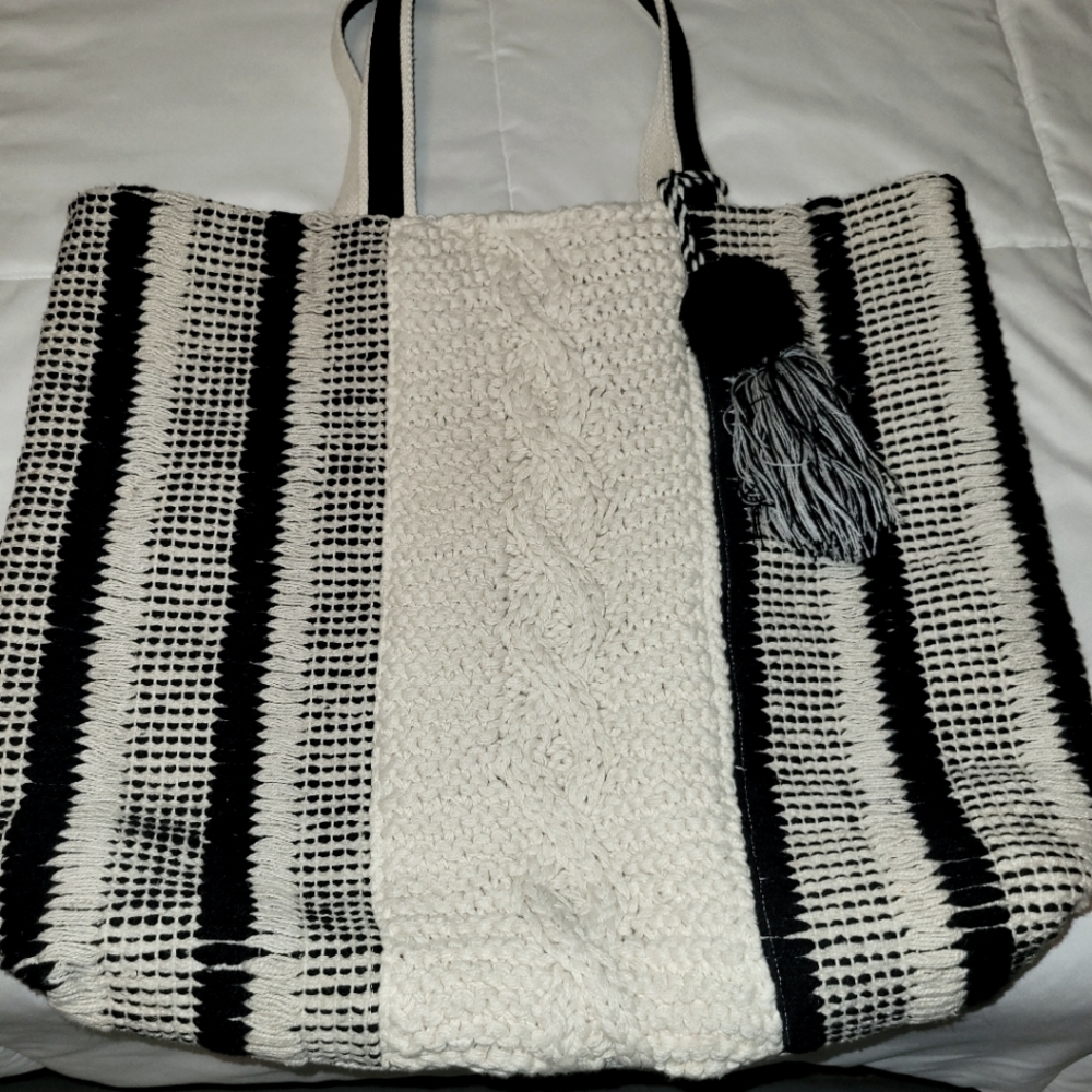Black and white canvas shoulder bag
